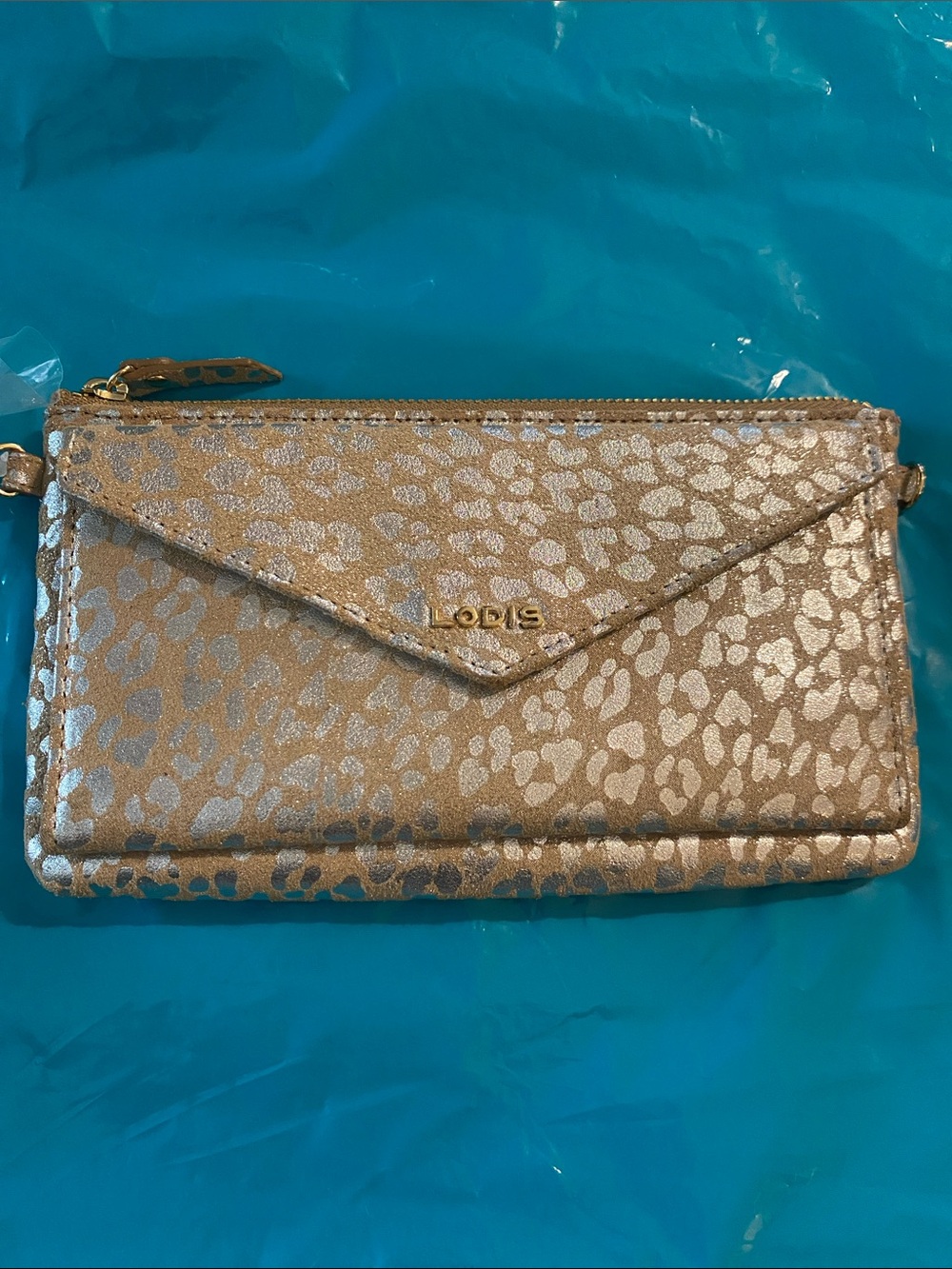 Lodis Metallic Gold Leopard Envelope Wristlet Clutch